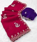 rani pink embroidered moti work cut work chiffon saree with blouse
