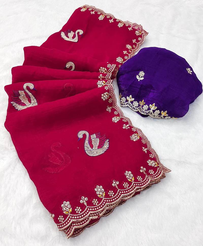 rani pink embroidered moti work cut work chiffon saree with blouse