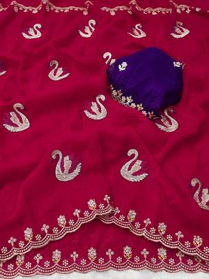 rani pink embroidered moti work cut work chiffon saree with blouse 2