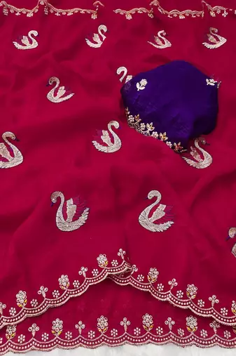 rani pink embroidered moti work cut work chiffon saree with blouse