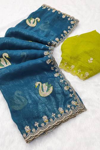 teal blue embroidered moti work cut work chiffon saree with blouse
