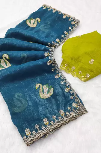 teal blue embroidered moti work cut work chiffon saree with blouse