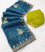 teal blue embroidered moti work cut work chiffon saree with blouse