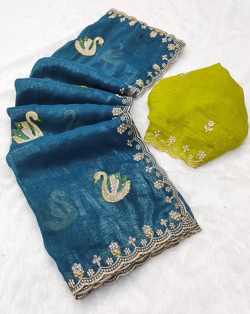 teal blue embroidered moti work cut work chiffon saree with blouse