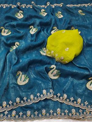 teal blue embroidered moti work cut work chiffon saree with blouse 2