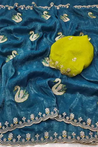 teal blue embroidered moti work cut work chiffon saree with blouse