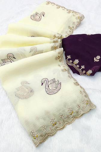 white embroidered moti work cut work chiffon saree with blouse