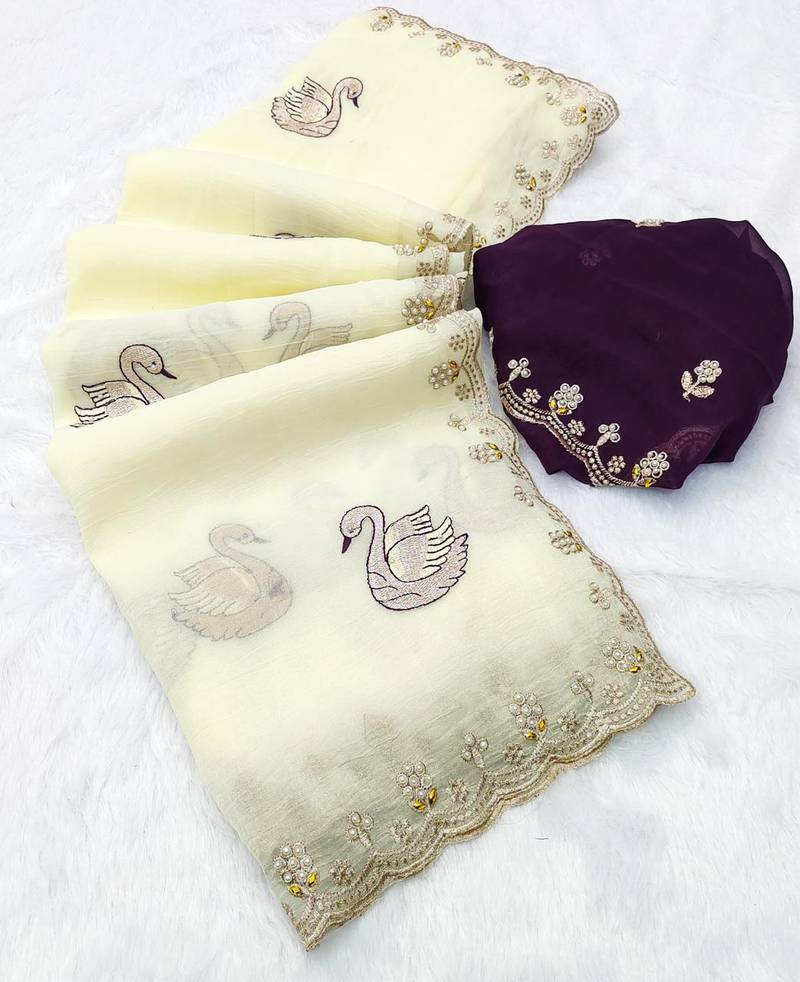 white embroidered moti work cut work chiffon saree with blouse