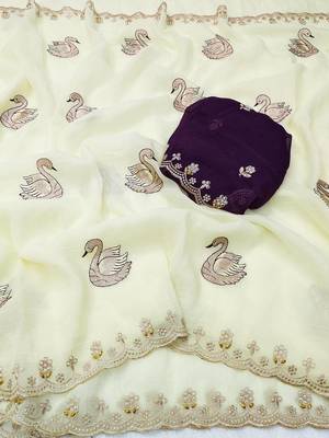 white embroidered moti work cut work chiffon saree with blouse 2