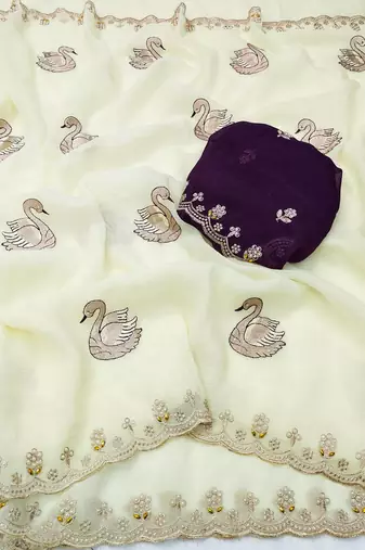 white embroidered moti work cut work chiffon saree with blouse