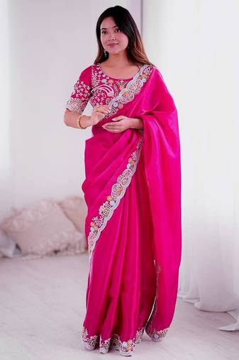 Rani pink embroidered, sequin embroidered, cut work jimmy choo bollywood saree with blouse