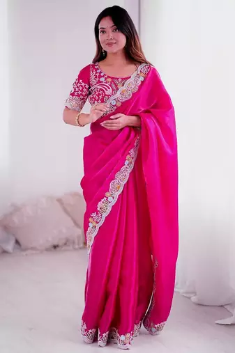Rani pink embroidered, sequin embroidered, cut work jimmy choo bollywood saree with blouse