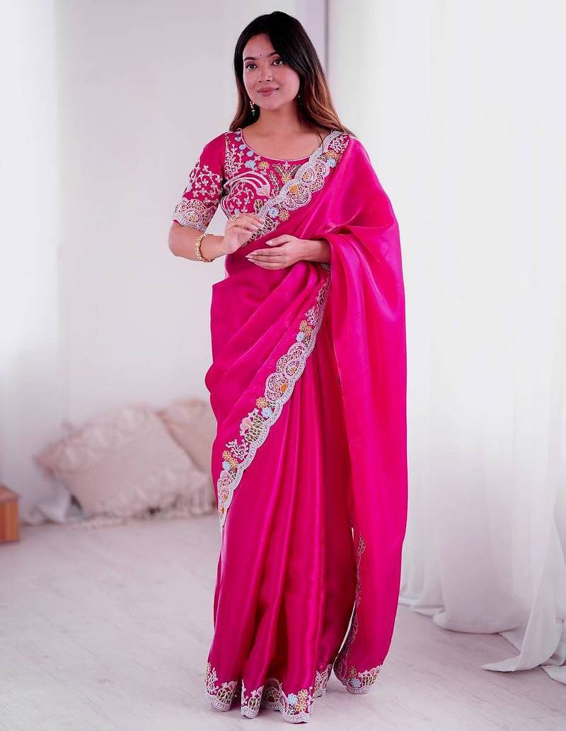 Rani pink embroidered, sequin embroidered, cut work jimmy choo bollywood saree with blouse