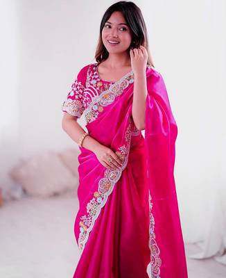 Rani pink embroidered, sequin embroidered, cut work jimmy choo bollywood saree with blouse 2