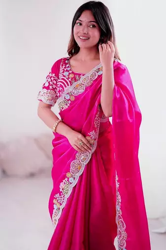 Rani pink embroidered, sequin embroidered, cut work jimmy choo bollywood saree with blouse