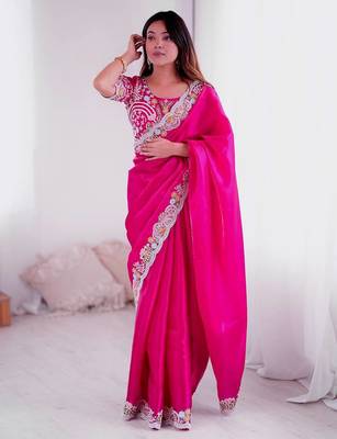 Rani pink embroidered, sequin embroidered, cut work jimmy choo bollywood saree with blouse 3