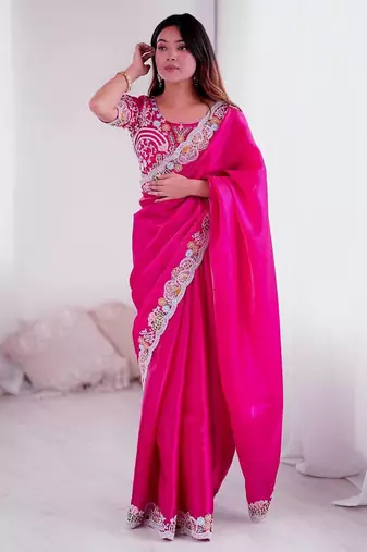 Rani pink embroidered, sequin embroidered, cut work jimmy choo bollywood saree with blouse
