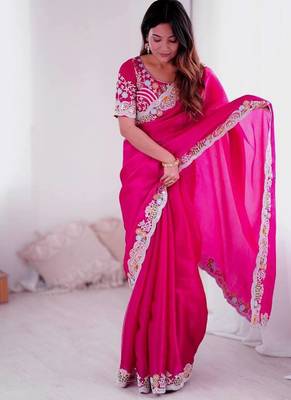 Rani pink embroidered, sequin embroidered, cut work jimmy choo bollywood saree with blouse 4