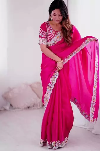 Rani pink embroidered, sequin embroidered, cut work jimmy choo bollywood saree with blouse