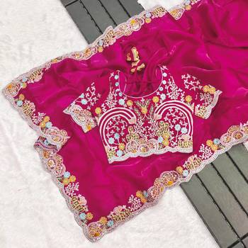 Rani pink embroidered, sequin embroidered, cut work jimmy choo bollywood saree with blouse 5