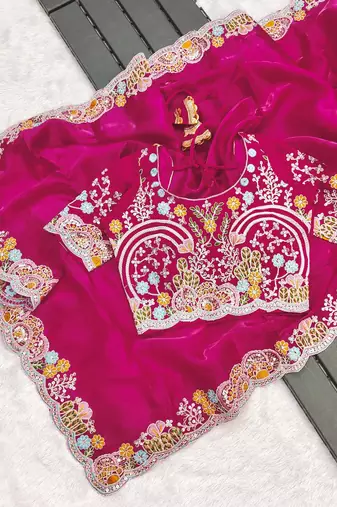 Rani pink embroidered, sequin embroidered, cut work jimmy choo bollywood saree with blouse