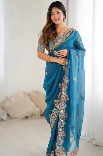 Teal blue embroidered, sequin embroidered crunchy silk bollywood saree with blouse