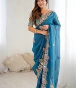 Teal blue embroidered, sequin embroidered crunchy silk bollywood saree with blouse