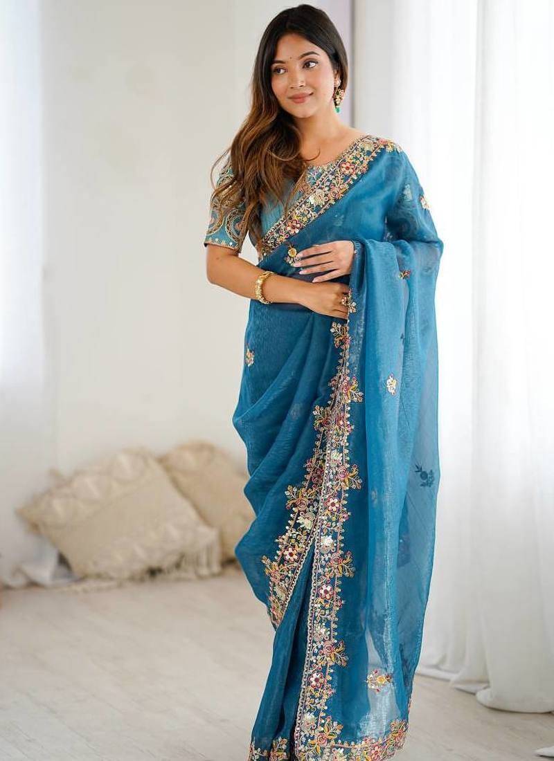 Teal blue embroidered, sequin embroidered crunchy silk bollywood saree with blouse