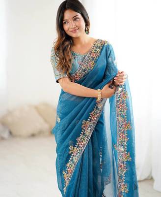 Teal blue embroidered, sequin embroidered crunchy silk bollywood saree with blouse 2