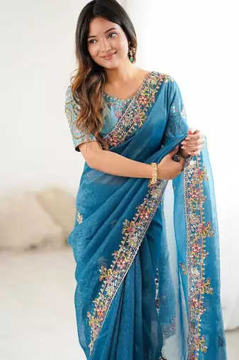 Teal blue embroidered, sequin embroidered crunchy silk bollywood saree with blouse