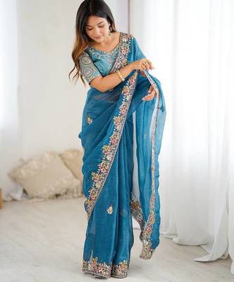 Teal blue embroidered, sequin embroidered crunchy silk bollywood saree with blouse 3