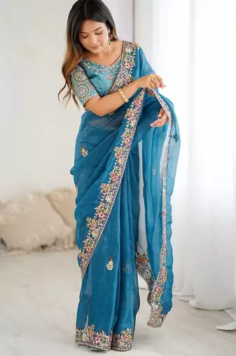 Teal blue embroidered, sequin embroidered crunchy silk bollywood saree with blouse
