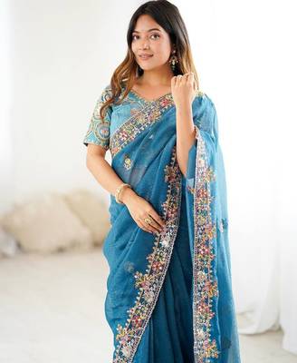 Teal blue embroidered, sequin embroidered crunchy silk bollywood saree with blouse 4