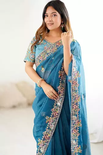 Teal blue embroidered, sequin embroidered crunchy silk bollywood saree with blouse