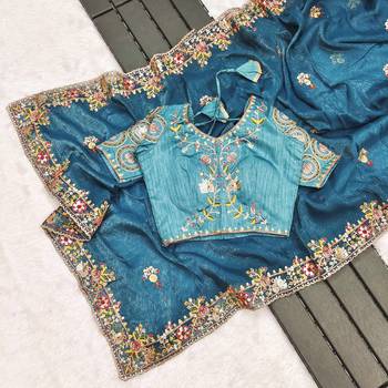 Teal blue embroidered, sequin embroidered crunchy silk bollywood saree with blouse 5