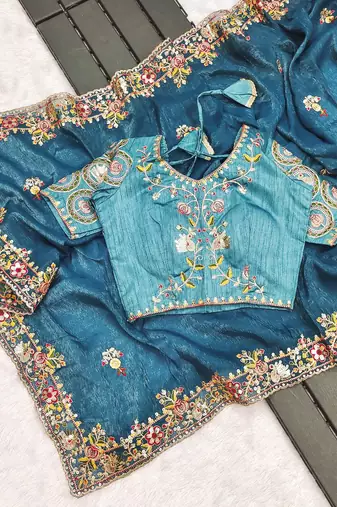 Teal blue embroidered, sequin embroidered crunchy silk bollywood saree with blouse