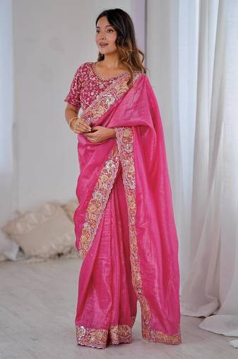 Rani pink embroidered, sequin embroidered premium gold crush silk bollywood saree with blouse