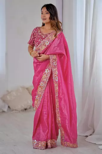Rani pink embroidered, sequin embroidered premium gold crush silk bollywood saree with blouse