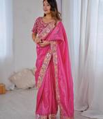 Rani pink embroidered, sequin embroidered premium gold crush silk bollywood saree with blouse