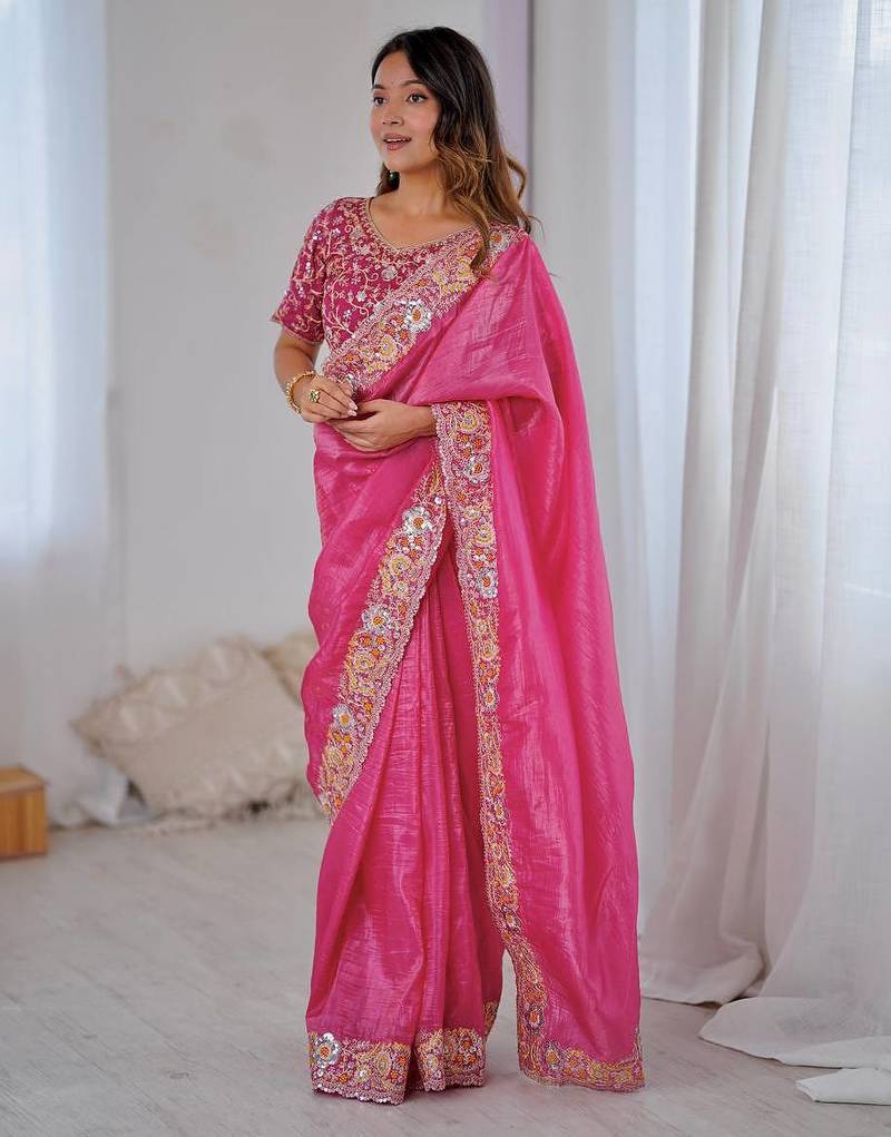 Rani pink embroidered, sequin embroidered premium gold crush silk bollywood saree with blouse