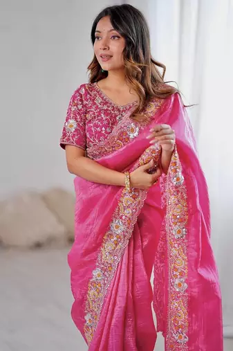 Rani pink embroidered, sequin embroidered premium gold crush silk bollywood saree with blouse