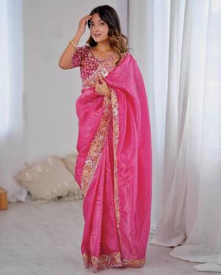 Rani pink embroidered, sequin embroidered premium gold crush silk bollywood saree with blouse 3