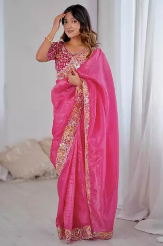Rani pink embroidered, sequin embroidered premium gold crush silk bollywood saree with blouse
