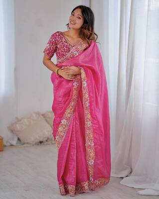 Rani pink embroidered, sequin embroidered premium gold crush silk bollywood saree with blouse 4