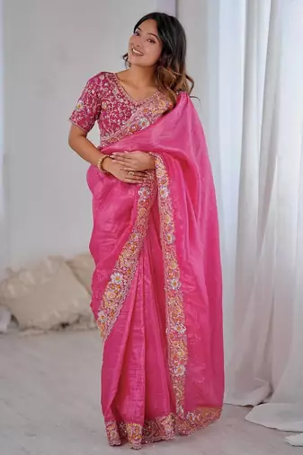 Rani pink embroidered, sequin embroidered premium gold crush silk bollywood saree with blouse