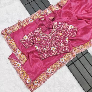 Rani pink embroidered, sequin embroidered premium gold crush silk bollywood saree with blouse 5