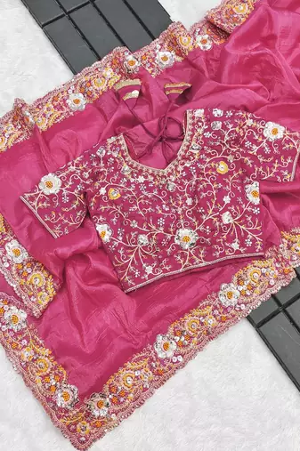 Rani pink embroidered, sequin embroidered premium gold crush silk bollywood saree with blouse
