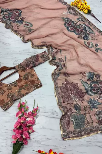 beige printed sequin embroidered georgette saree with blouse