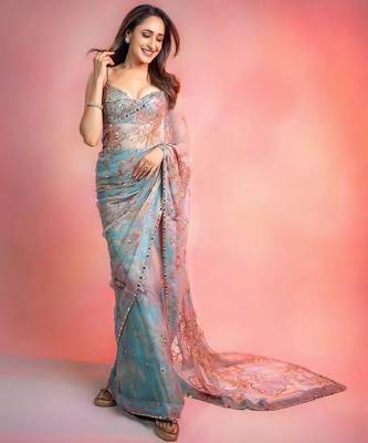 sky blue printed sequin embroidered georgette saree with blouse 3