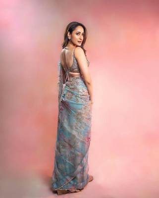 sky blue printed sequin embroidered georgette saree with blouse 4